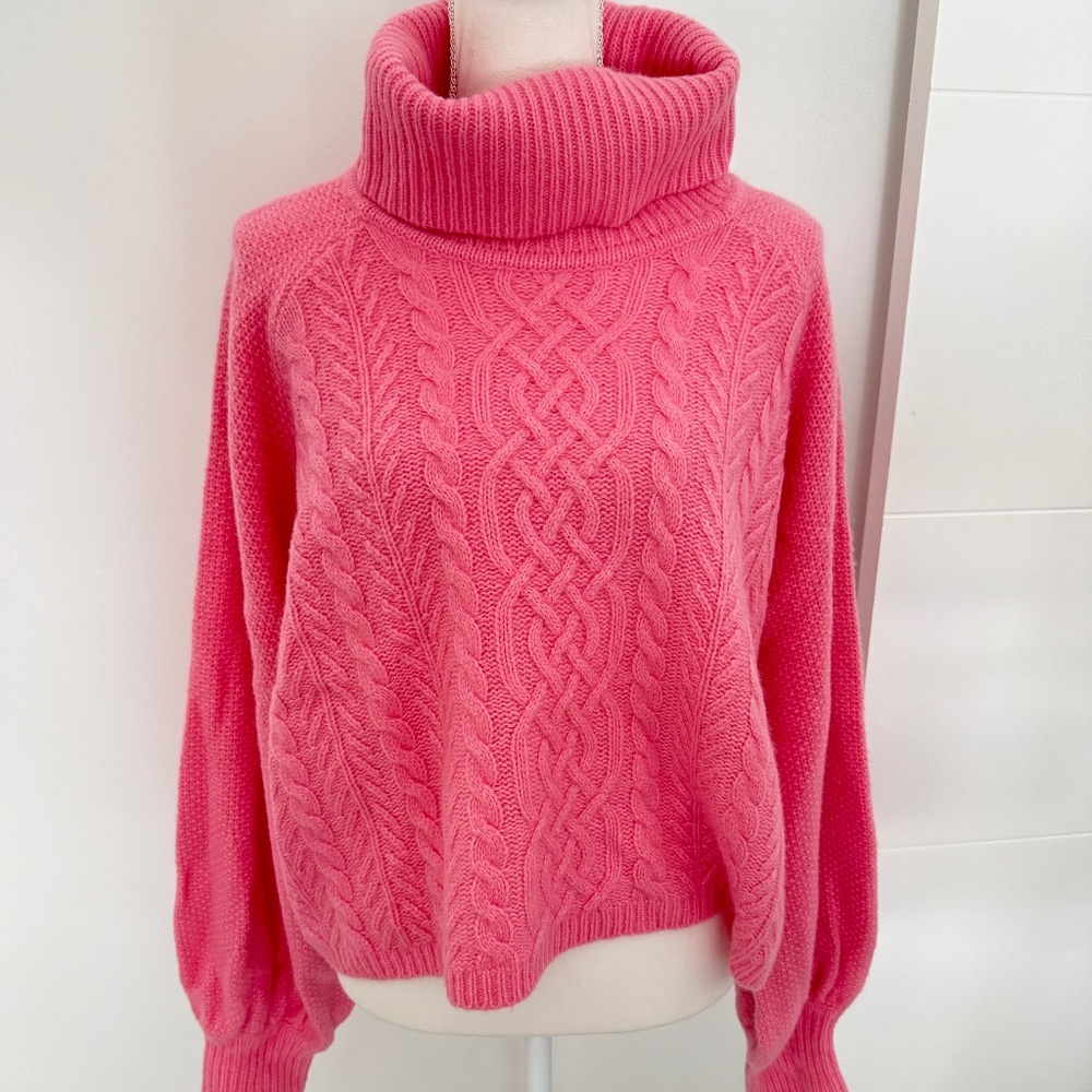 Adam Lippes Pink High Cowl Neck Cashmere Cable Knit Oversized Sweater Large